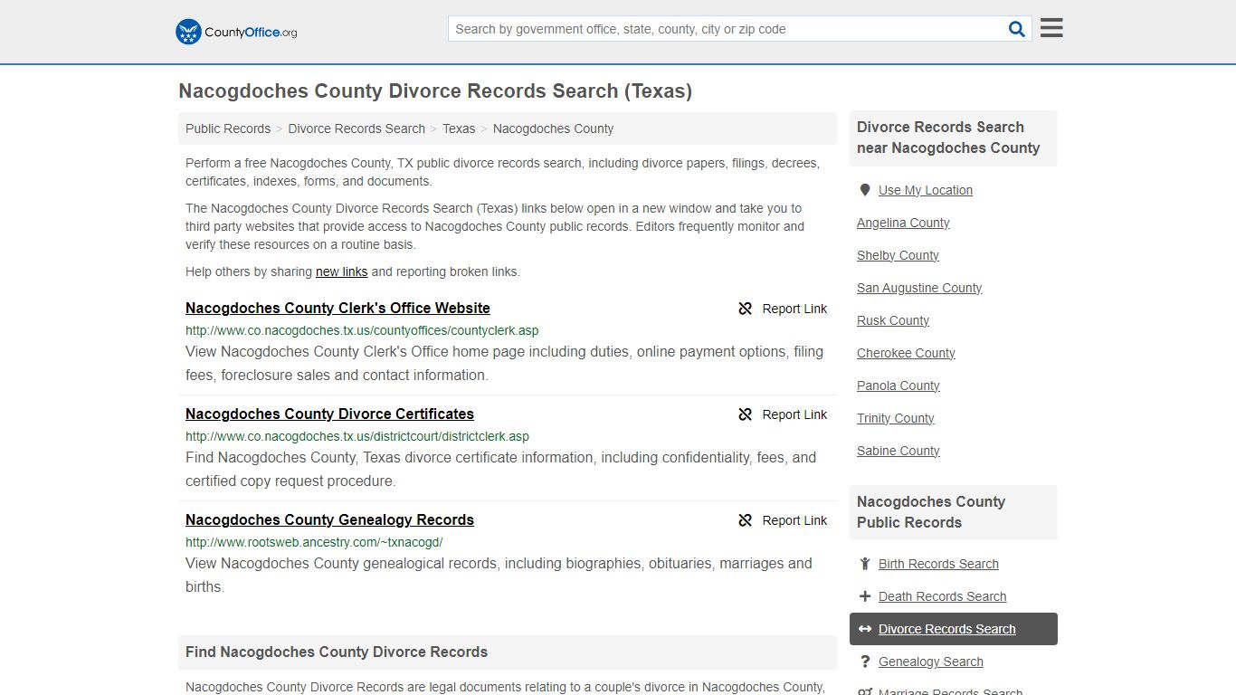 Nacogdoches County Divorce Records Search (Texas) - County Office