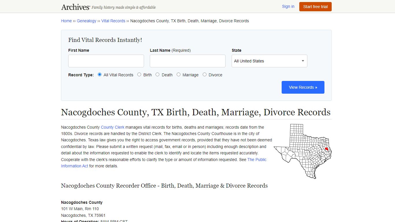 Nacogdoches County, TX Birth, Death, Marriage, Divorce Records